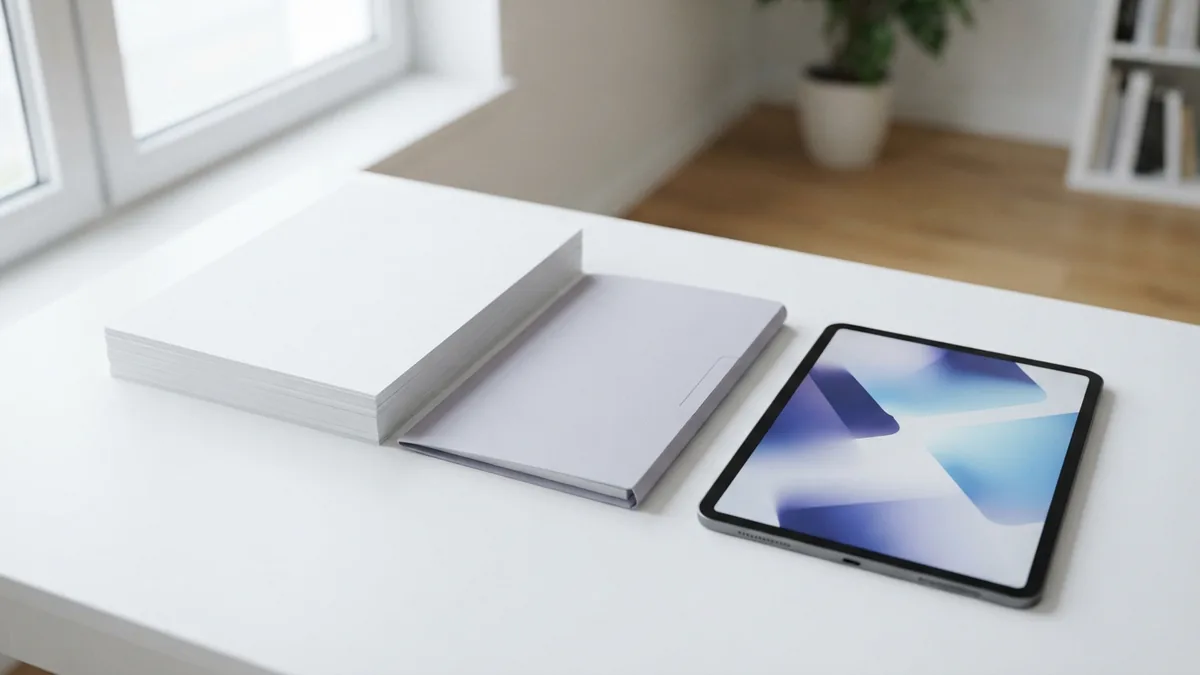 Sort source files before merging Blank document stacks and a tablet arranged on a clean desk before merging files