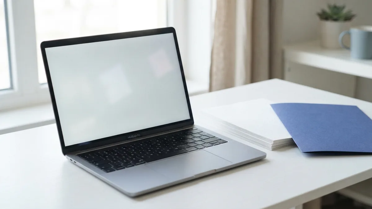 Desktop tools for a combined PDF Laptop, blank papers, and blue folder on a bright desk for desktop PDF work