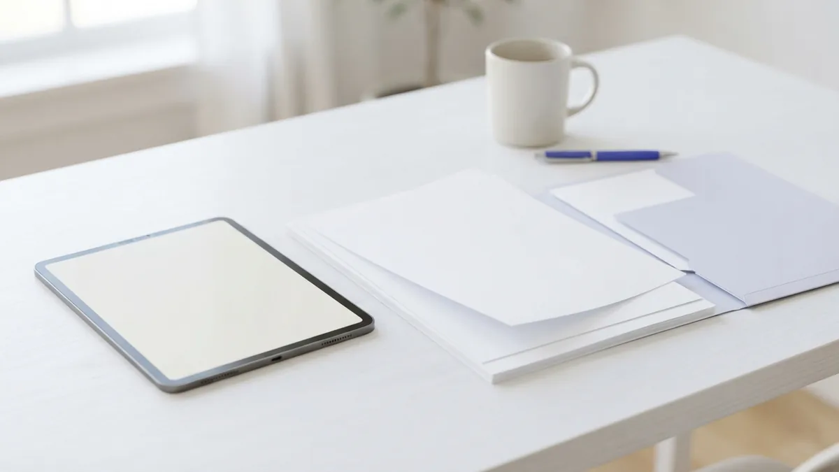 Review pages and fix merge issues Blank papers and a tablet arranged for checking a merged document
