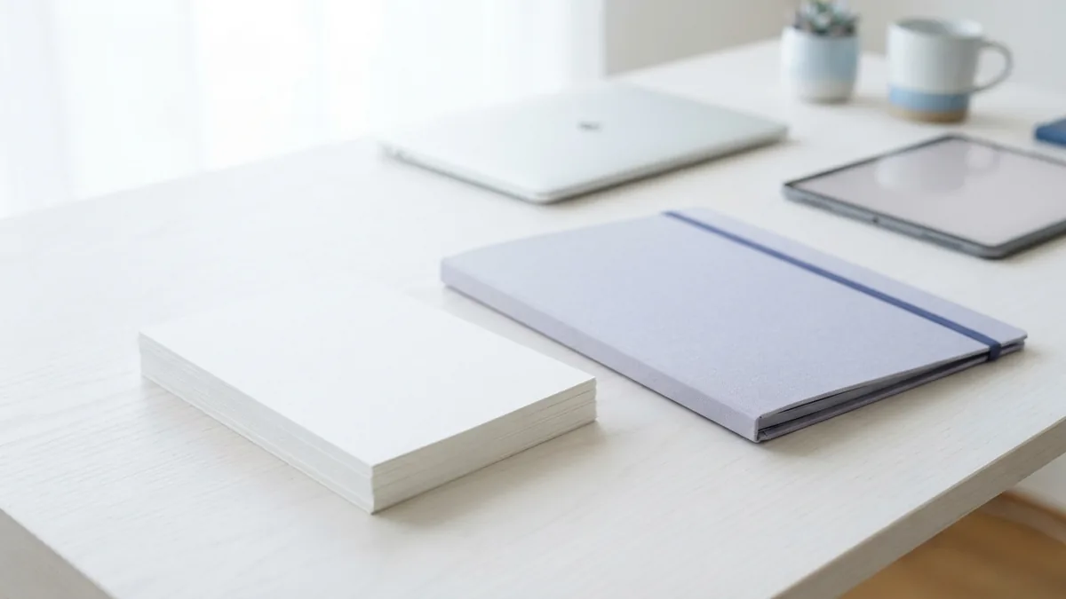 A neat stack of blank documents grouped beside a folder on a bright desk