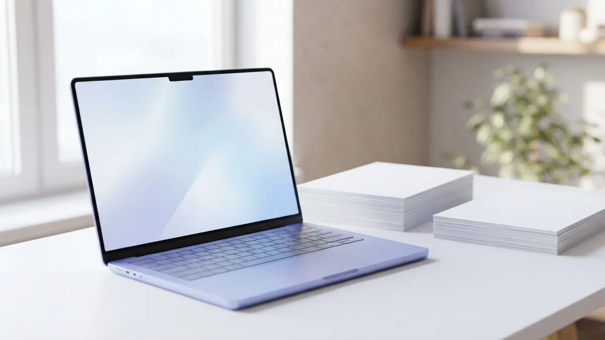 Compare ways to merge PDF files Laptop and two stacks of blank paper arranged for choosing a PDF merge method