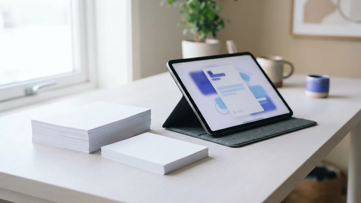 Prepare PDF files for merging Tablet beside two stacks of blank pages on a clean, bright workspace