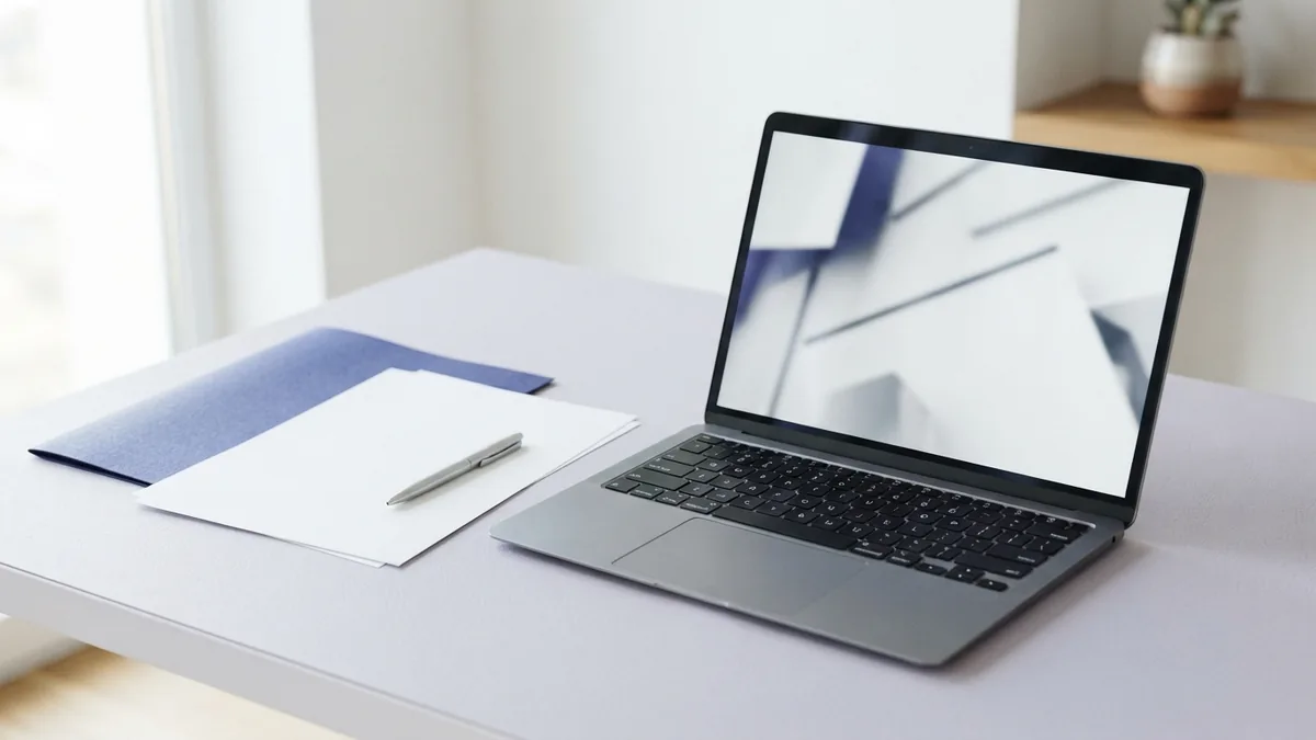 Laptop and blank pages arranged neatly for merging PDFs with desktop software