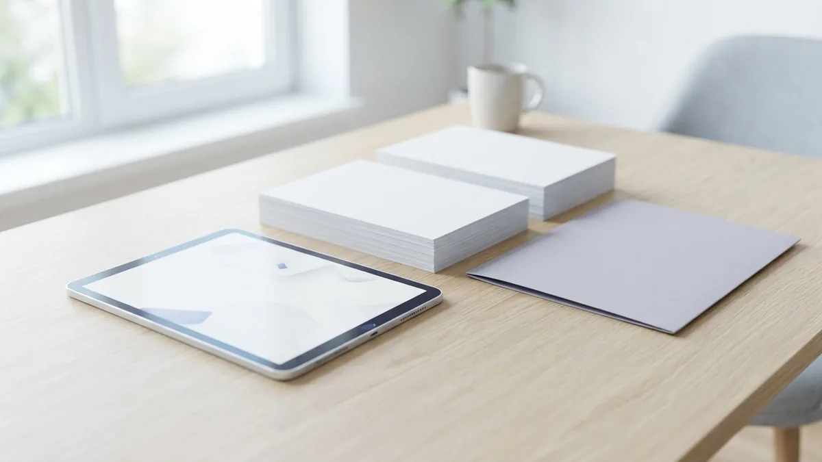 Tablet and blank paper stacks arranged for choosing a document workflow