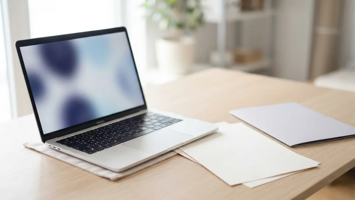 Preparing files for an online merge Laptop beside blank papers and a folder for an online PDF workflow