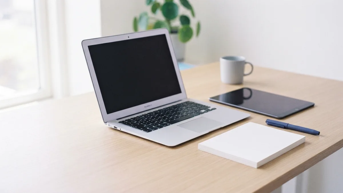 Desktop tools for joining PDF files Laptop, tablet, and blank papers on a bright desk for desktop PDF work
