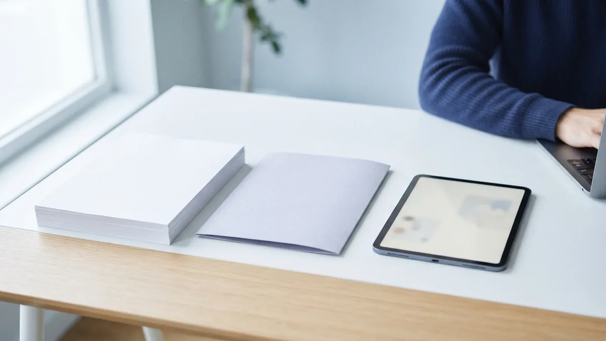 Blank pages and a folder arranged neatly for checking a merged document