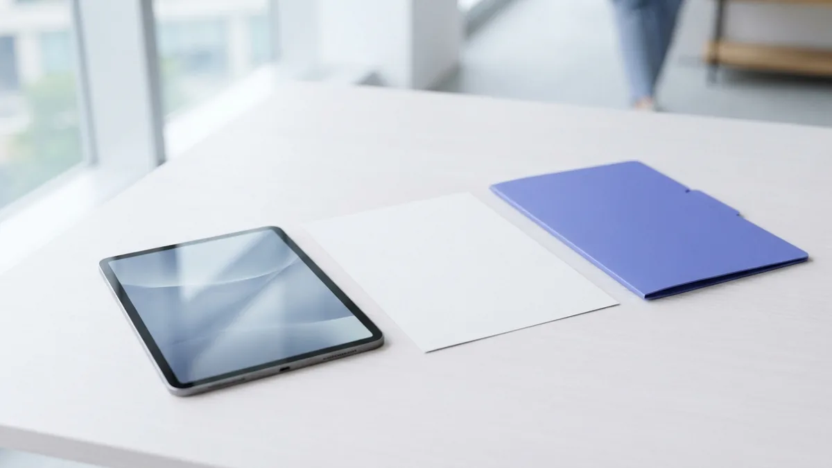 A simple PDF editing setup Tablet and blank papers set up for a step-by-step PDF edit