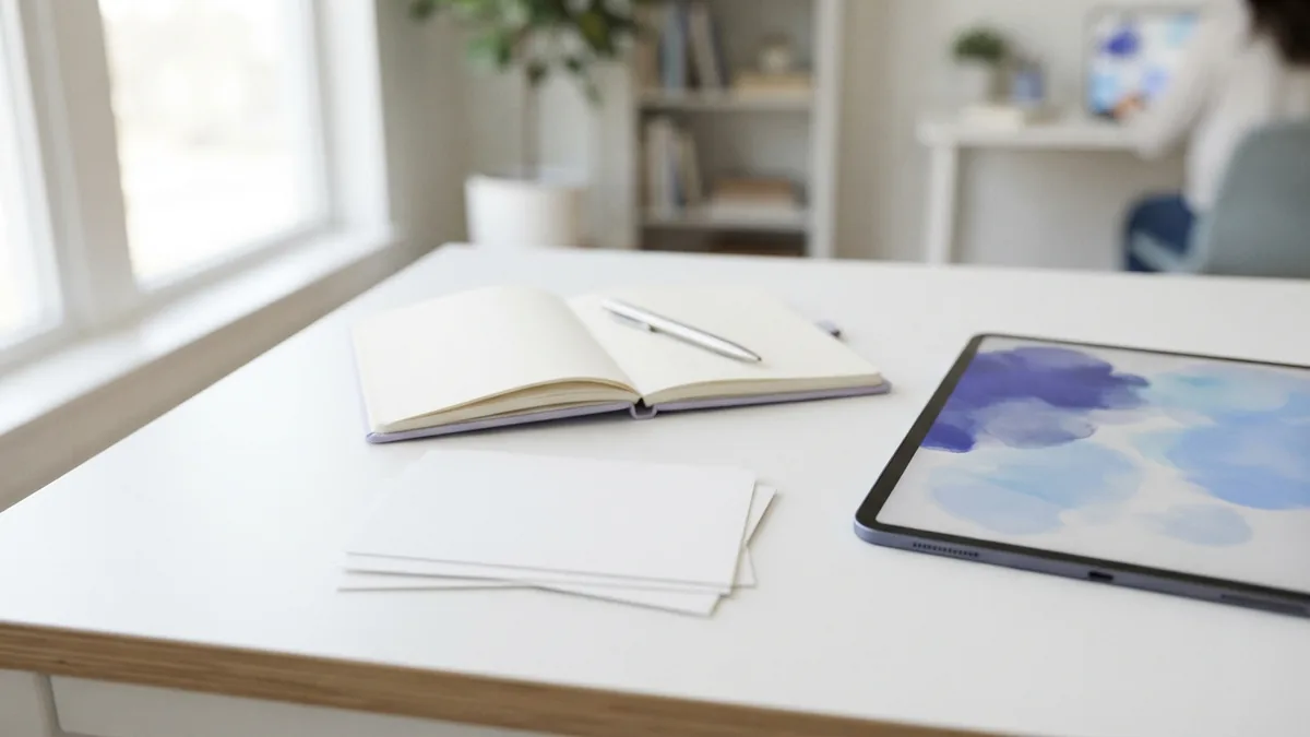 Blank image prints arranged beside a tablet before making a PDF with Preview