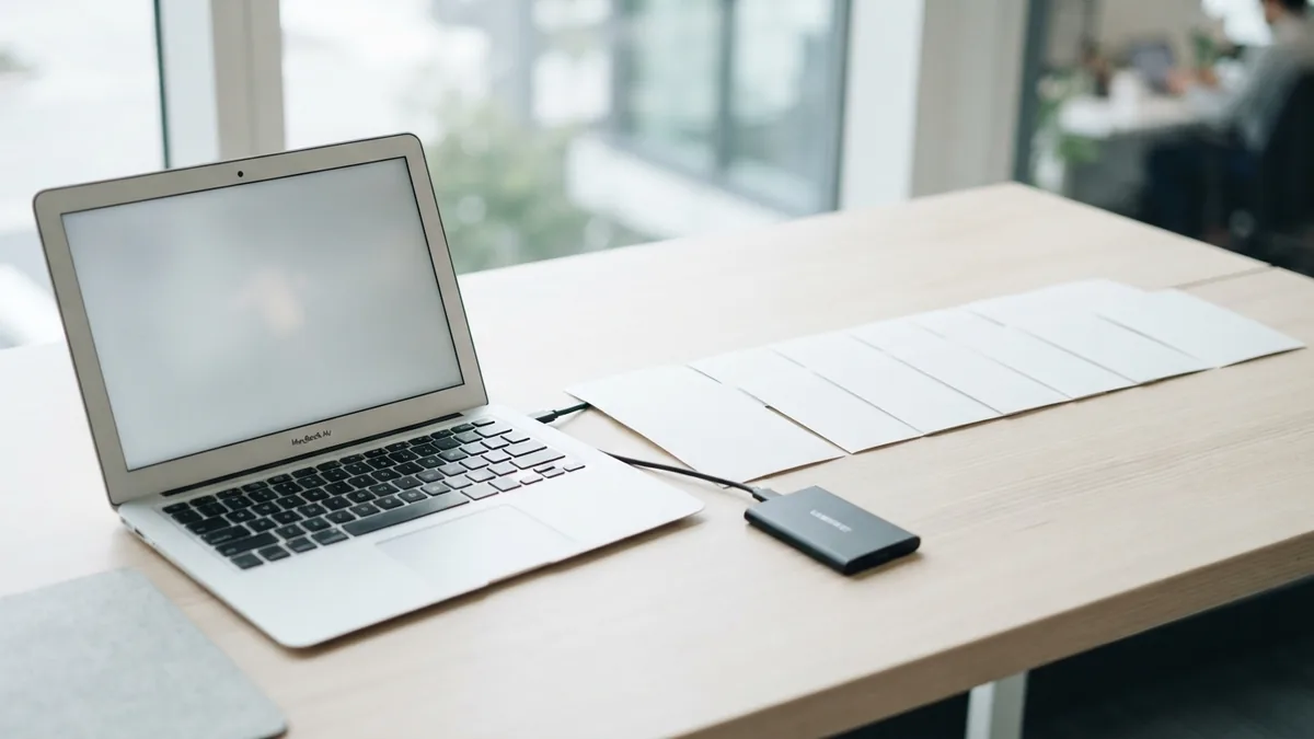 Laptop and blank frame prints showing a simple workflow for video capture and PDF creation