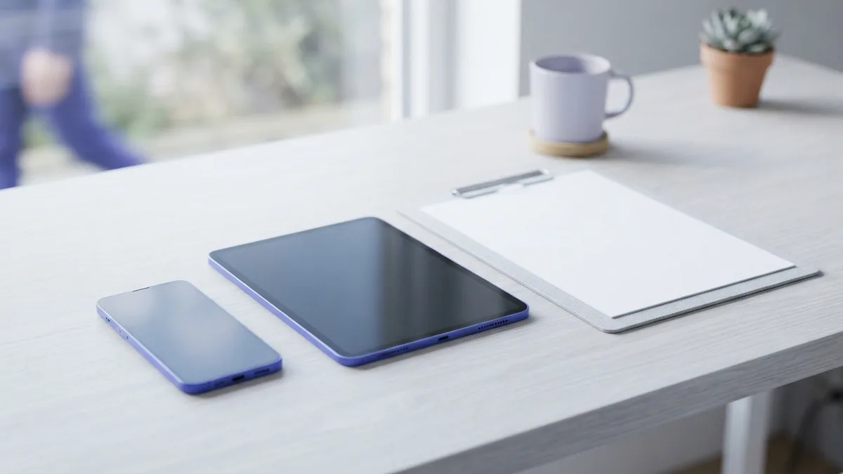 Organize notes before PDF export Phone and tablet beside blank sheets for organizing digital notes