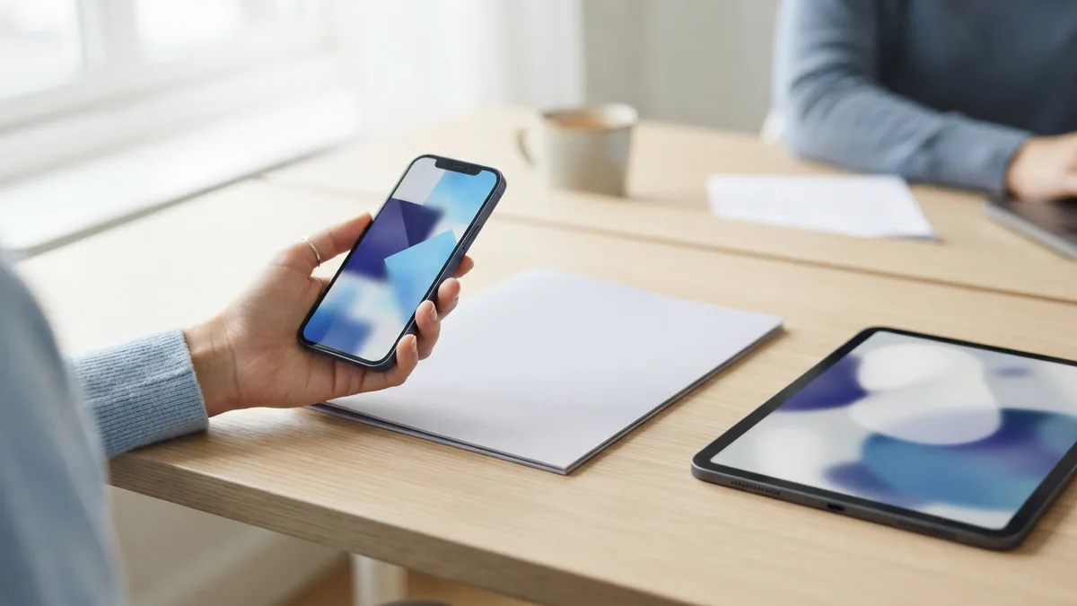 Hand holding smartphone beside blank folder during PDF note export
