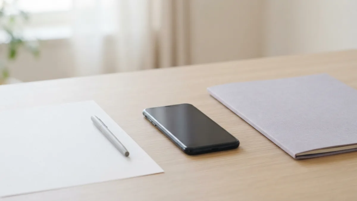 Save a note through print Smartphone beside blank paper and folder for saving a PDF