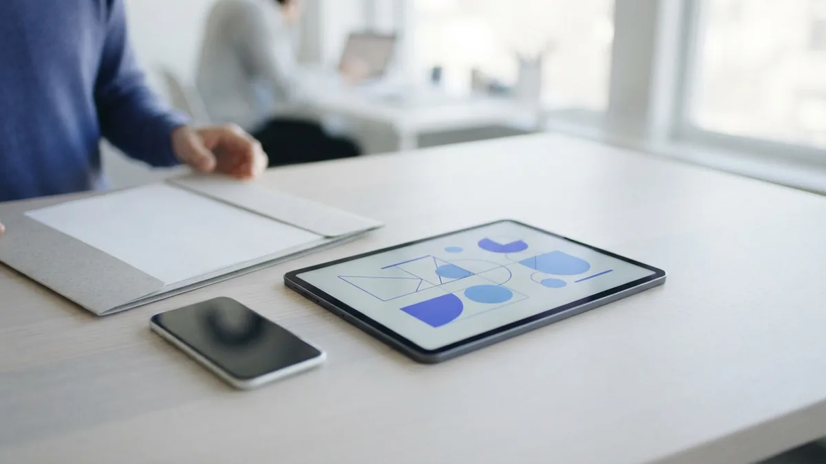 Tablet and smartphone beside blank folder for advanced PDF work