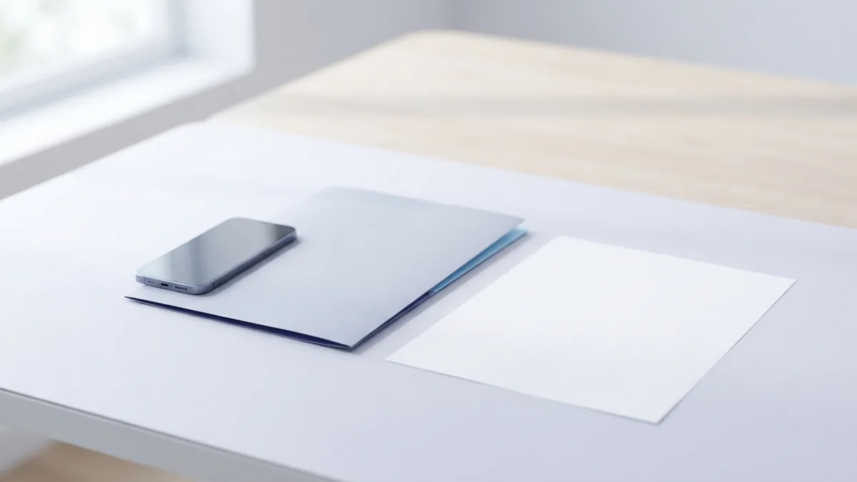Preparing a note for PDF export Phone beside blank paper and a folder in a bright, uncluttered workspace