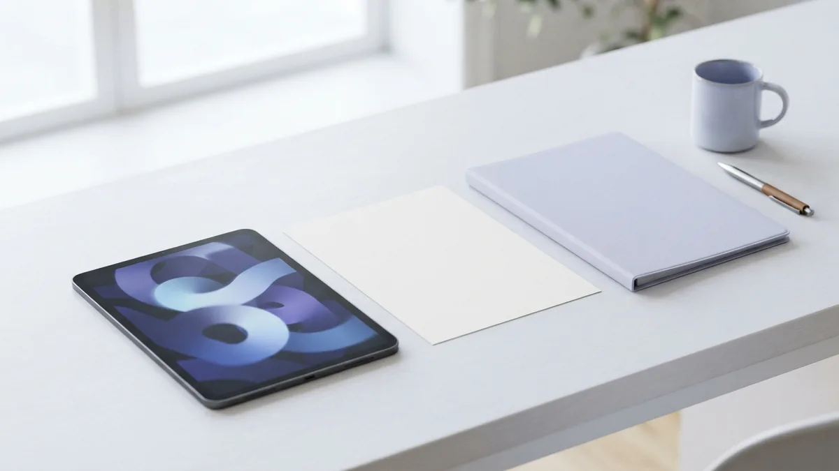 Reviewing notes on a tablet Tablet beside blank paper and a folder in a clean workspace for PDF notes