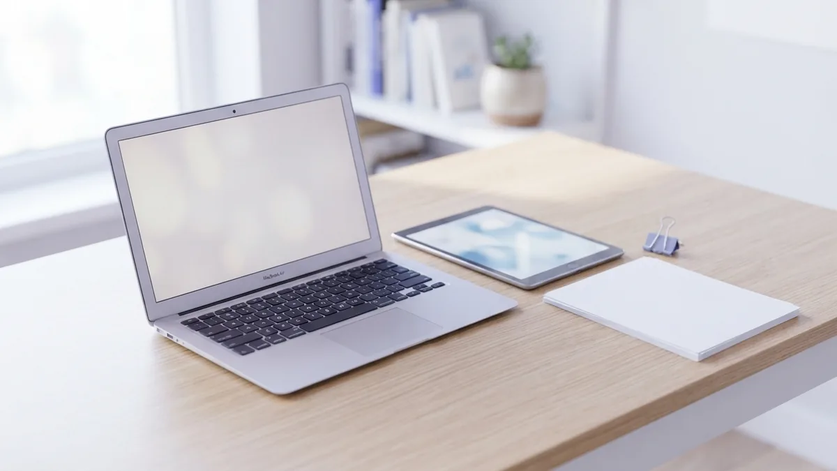 Laptop and tablet beside blank pages for smooth PDF navigation and reading