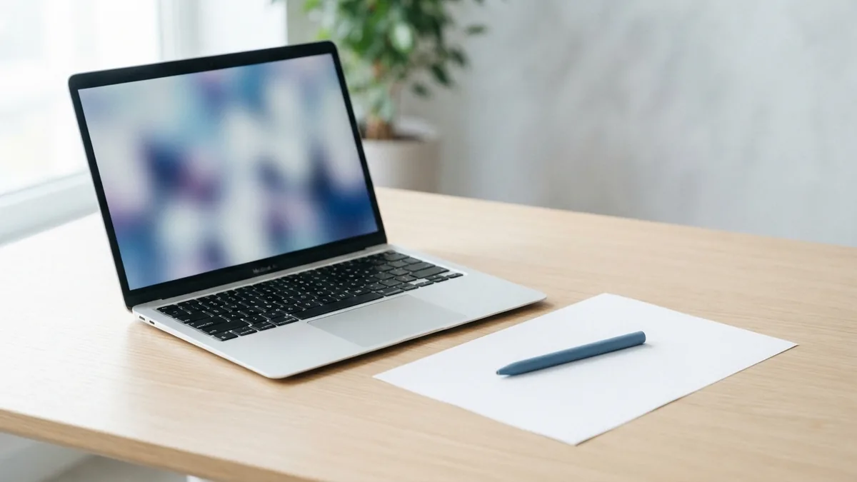 Laptop, blank form, and pen arranged for PDF forms and markup work