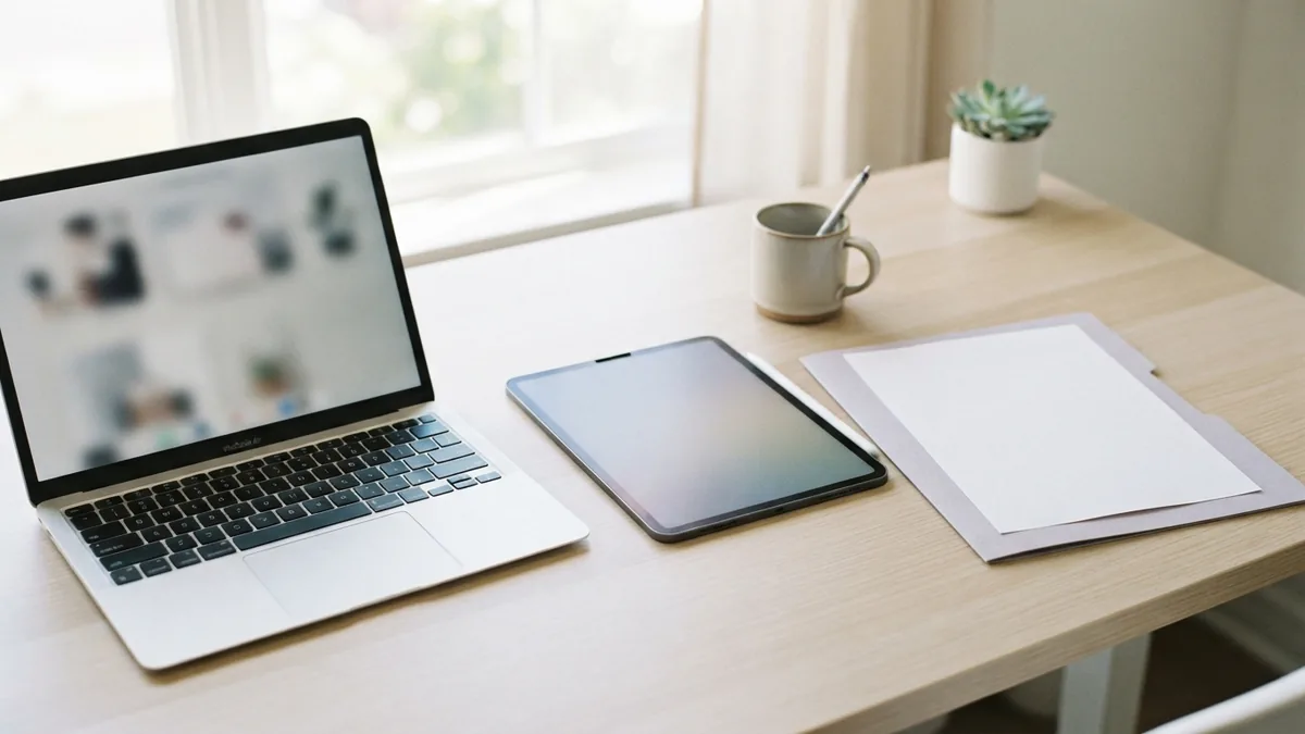 Saving PDF files to cloud storage Laptop and folder beside blank papers for saving PDF files to cloud storage