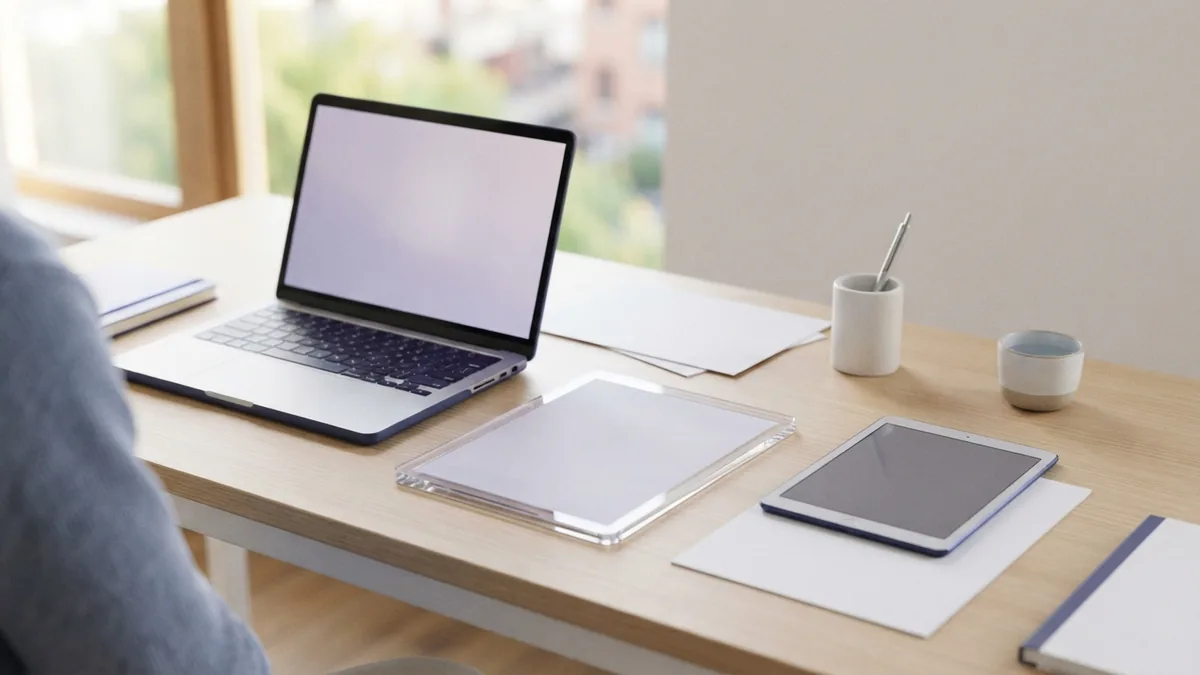 Capture PDF pages for slides Laptop and blank document sheets showing a clean setup for PDF page captures