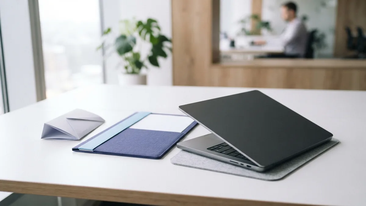 Laptop and folder arranged for keeping a PDF file with a presentation deck