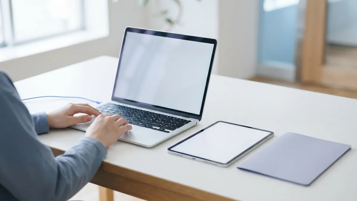 Laptop and tablet arranged for opening a PDF during a slide presentation