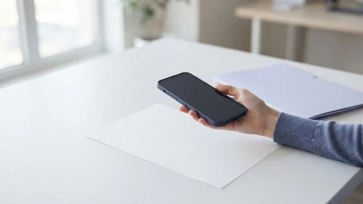 Phone positioned above blank paper in an evenly lit space for scanning a PDF
