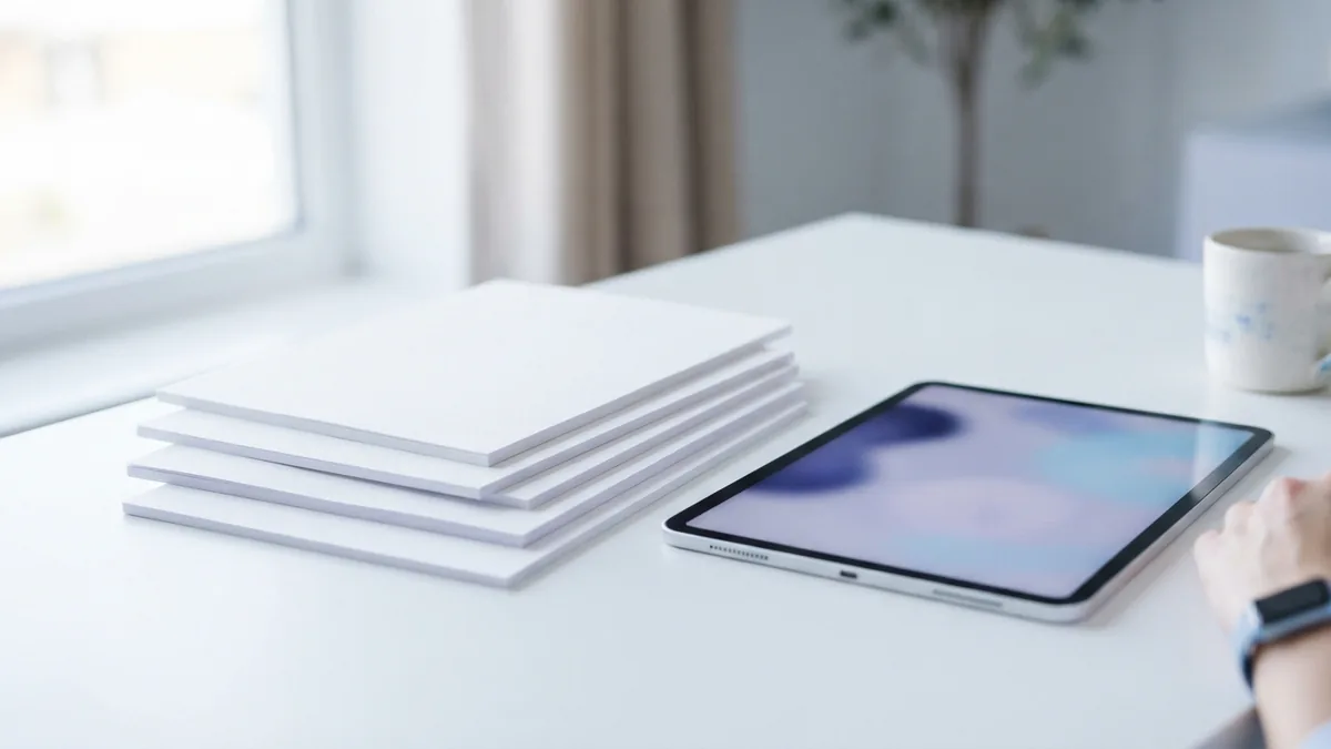 Show a simple layered document structure Layered blank sheets beside a tablet suggest a simple document hierarchy
