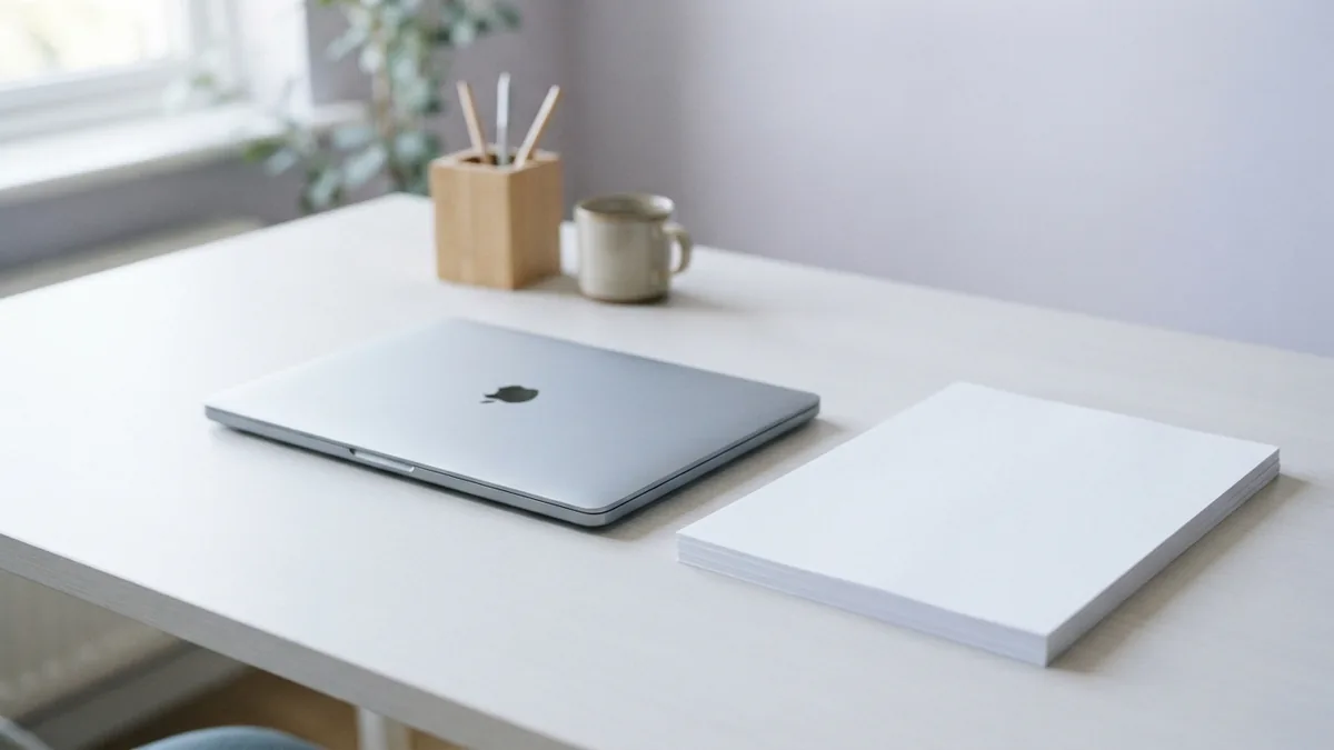 Review the finished PDF file Closed laptop and blank papers in a bright workspace after a document check
