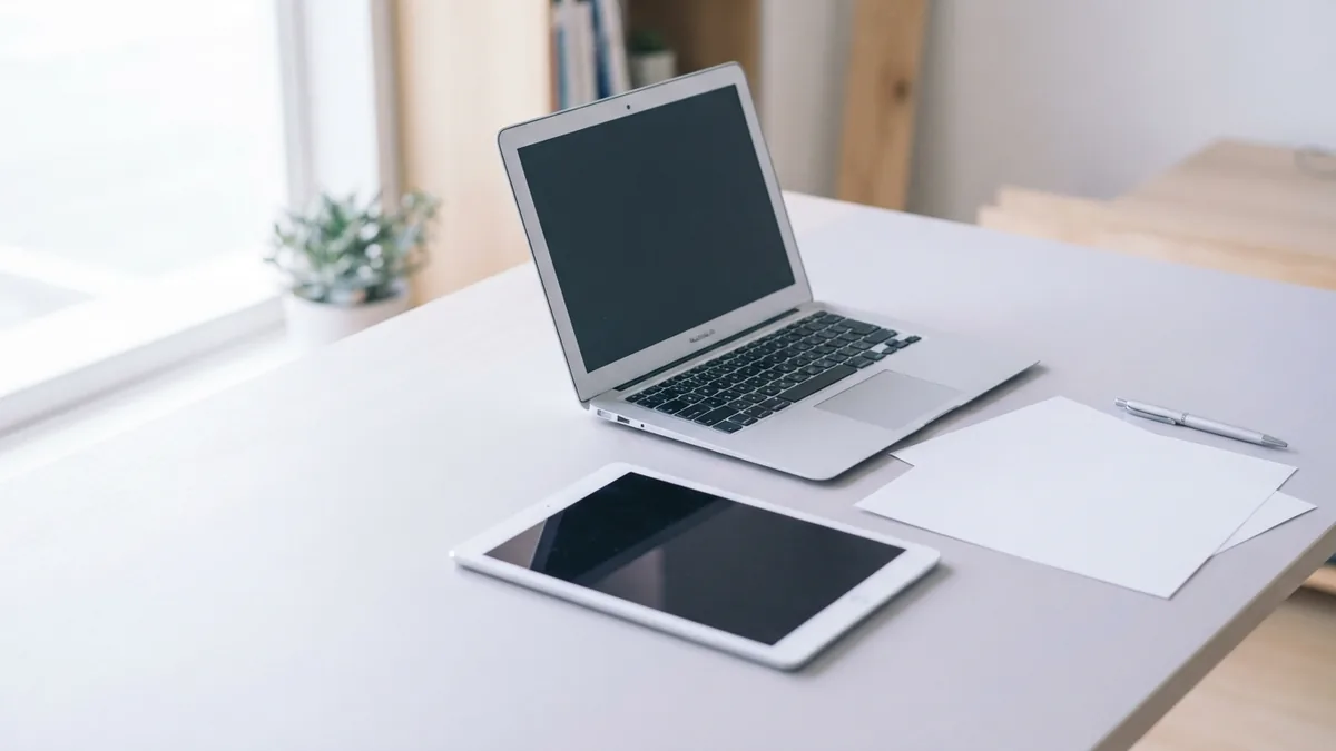 PDF commenting tools on a desk Laptop and tablet arranged beside blank documents for PDF review work