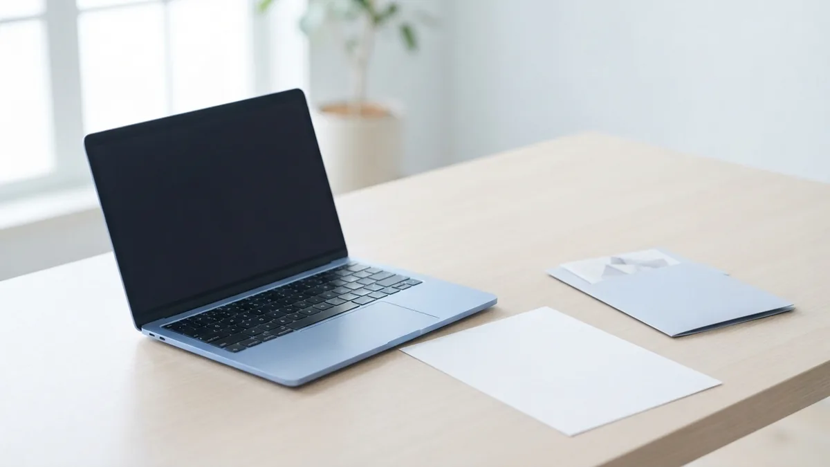 Laptop beside blank papers and folder for Mac PDF markup tasks