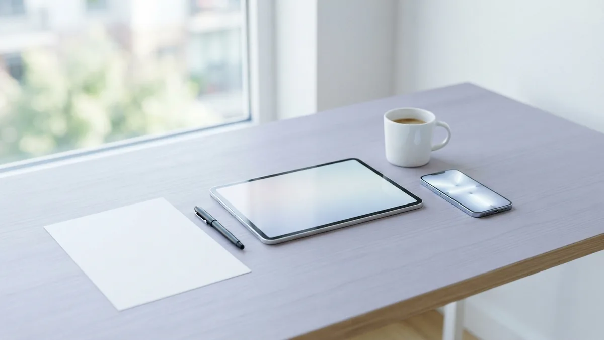 Tablet and phone beside blank paper for mobile PDF commenting