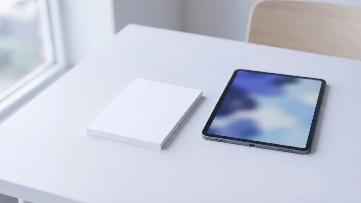 Review a PDF before reducing its size Blank paper sheets and a tablet arranged for a document size review