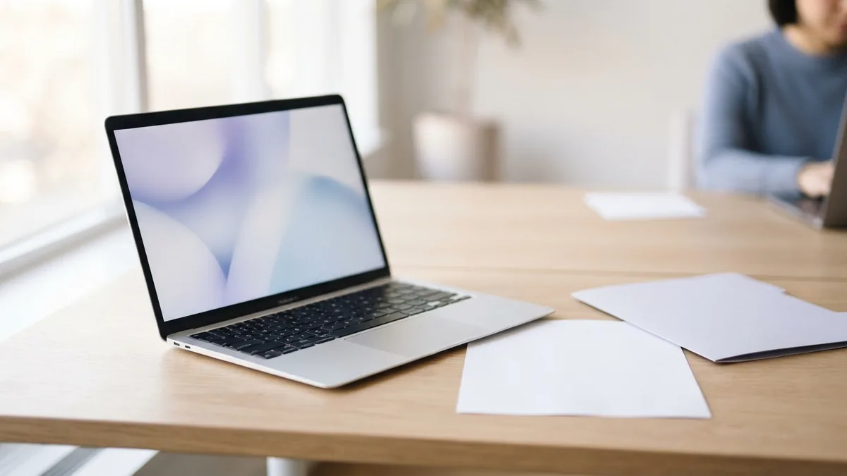 Prepare a document for online compression Laptop and blank document on a bright desk for an online PDF task