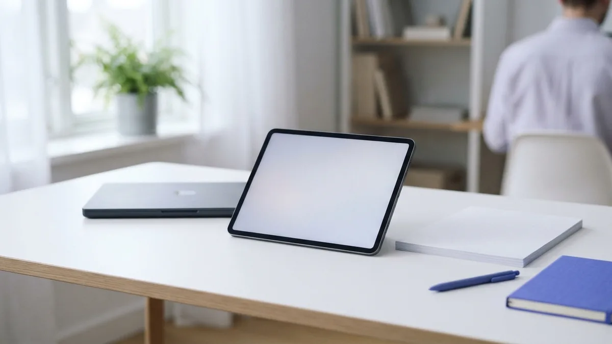 Tablet, laptop, and blank paper arranged for desktop PDF work
