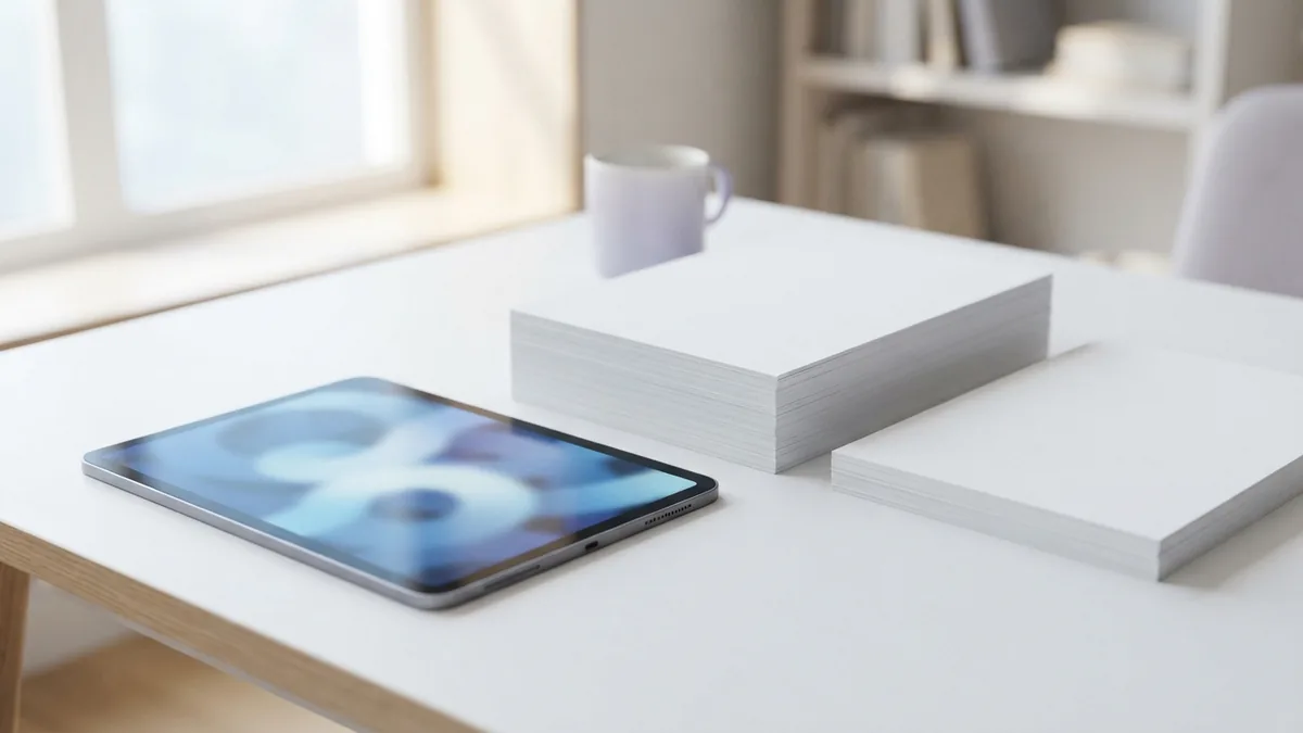 Tablet beside two stacks of blank paper representing PDF file copies