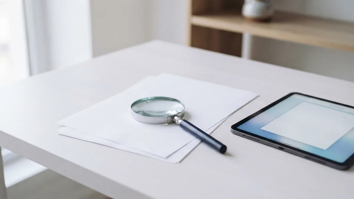 Magnifying glass and tablet beside blank sheets during a PDF quality check