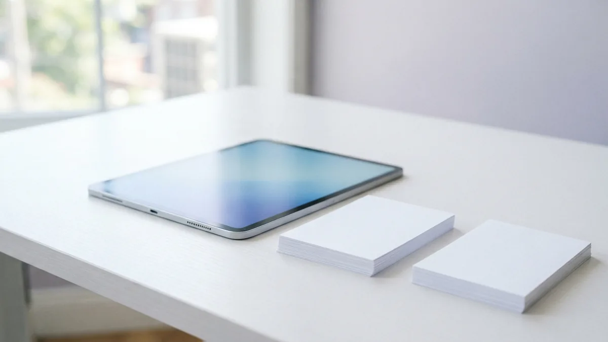 Create and save a smaller copy Tablet beside two stacks of blank pages for comparing PDF file sizes
