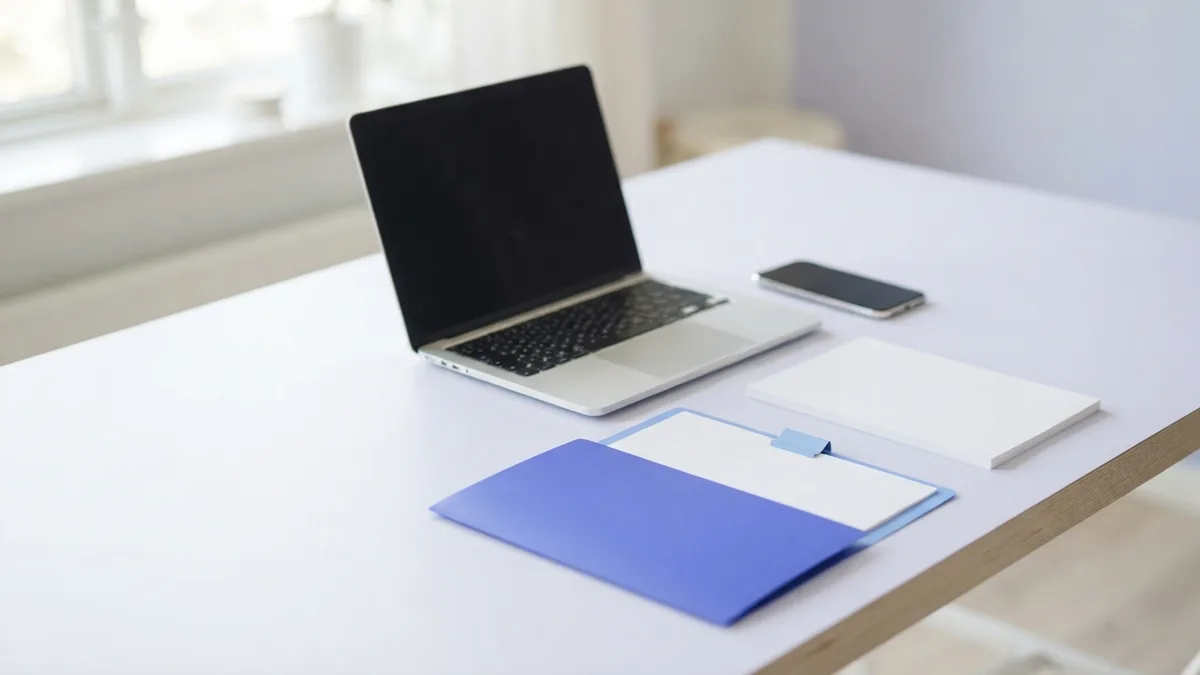 Online PDF compression workspace Laptop, phone, and blank papers arranged for online PDF compression