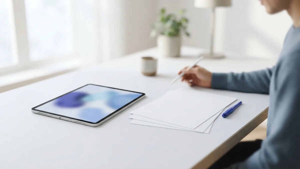 Review every page before sharing Tablet and blank paper arranged for checking the pages of a compressed PDF