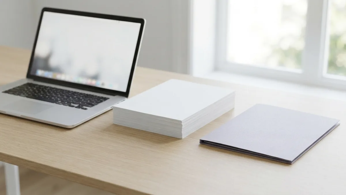 Desktop tools can reduce PDF size Laptop beside blank paper stacks showing a smaller PDF file workflow