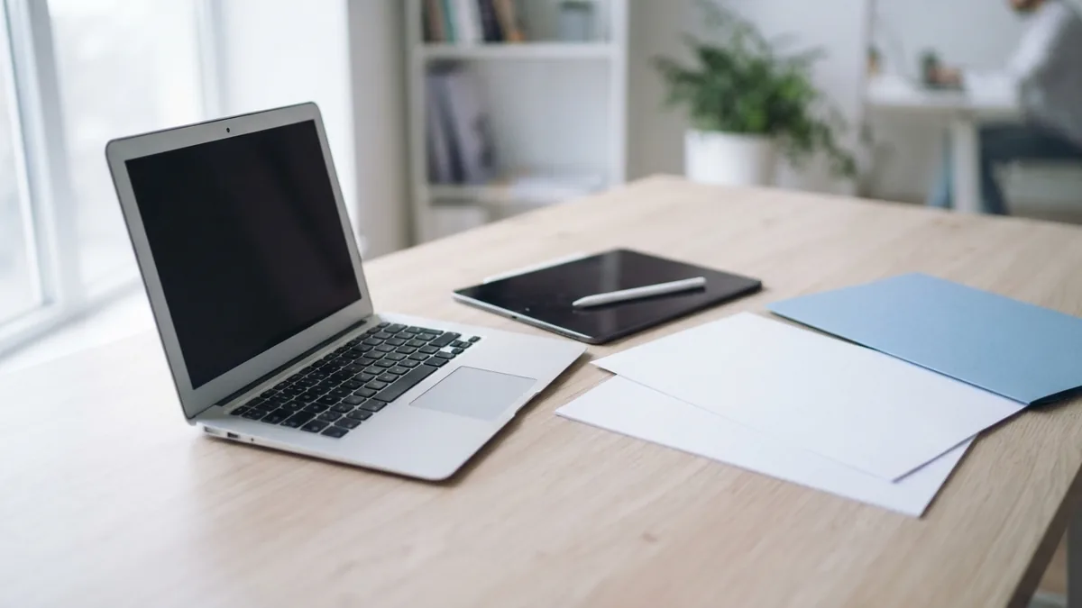 Choose a PDF conversion tool Laptop and tablet beside blank documents for choosing a PDF conversion tool