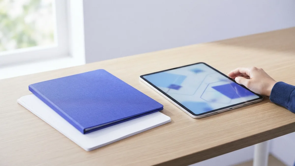 Blank documents and a tablet arranged for reviewing and protecting PDF content