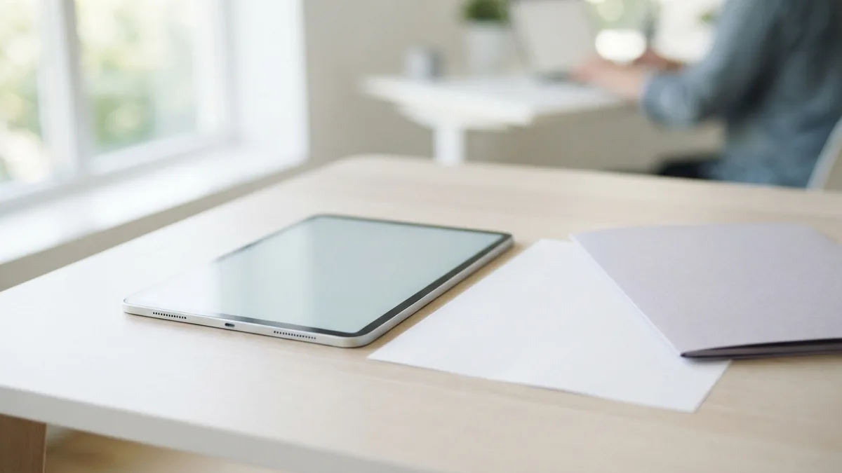 Select a suitable tool for PDF edits Tablet and blank paper beside a folder in a clean workspace