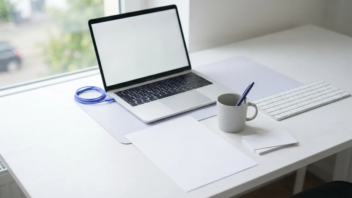 Laptop and blank paper beside a keyboard for editing a PDF file