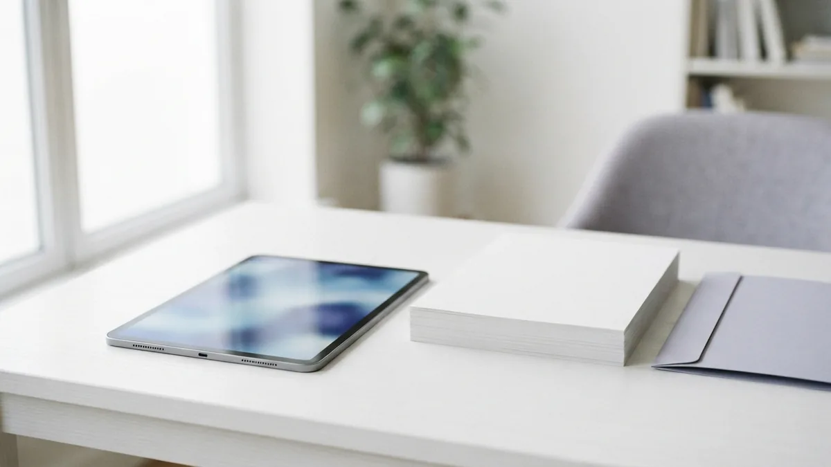 A lighter file for easy sharing Tablet and blank paper beside a folder, showing the ease of storing and sharing smaller files