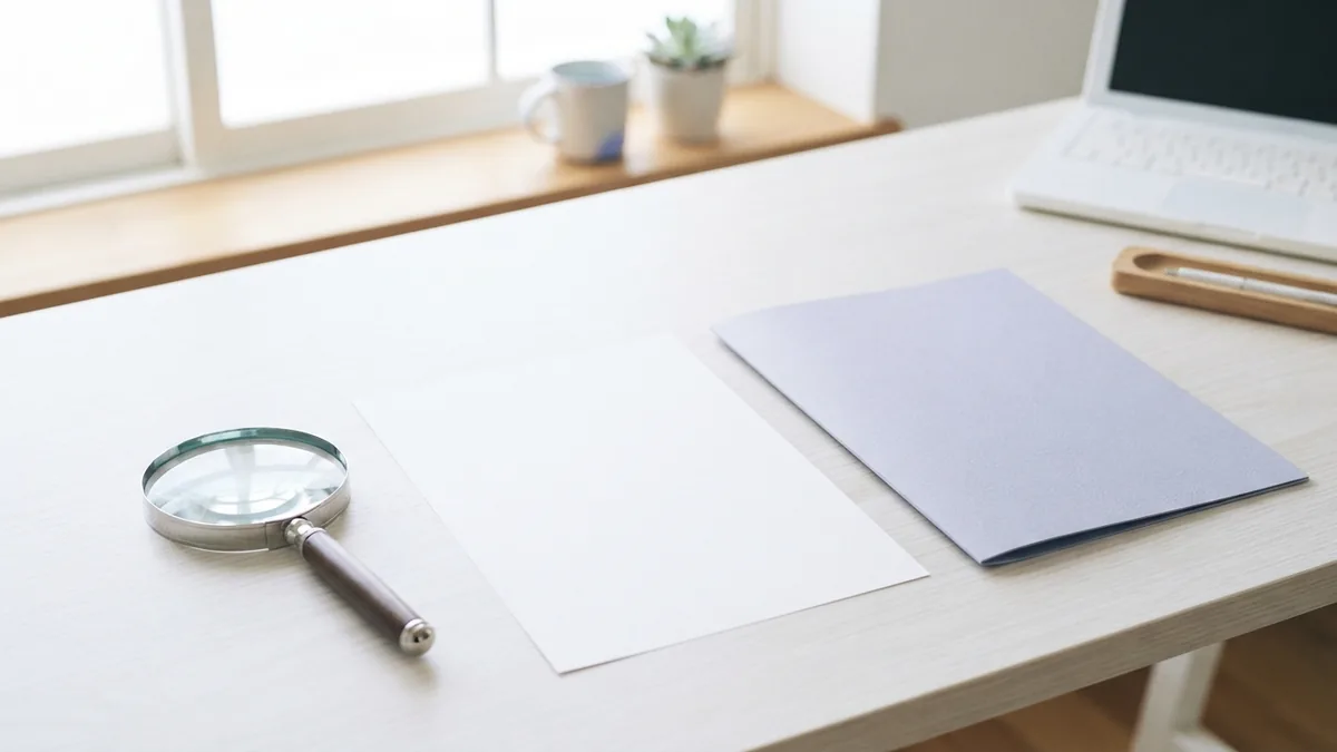 Magnifying glass and blank paper on a desk, representing a close check of PDF clarity