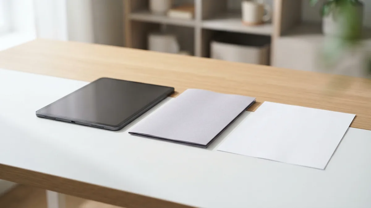 Tablet beside blank papers and folder for opening PDF documents on iPad