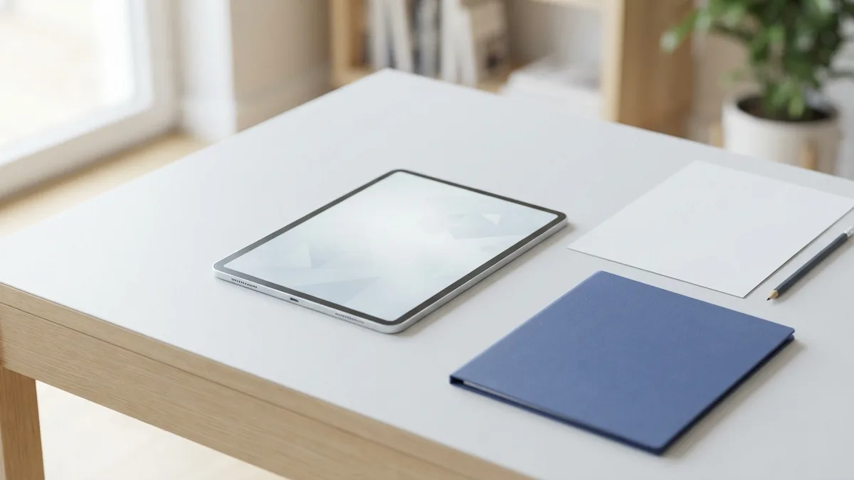 Tablet and blank sheet on a desk for finding a font name in a PDF