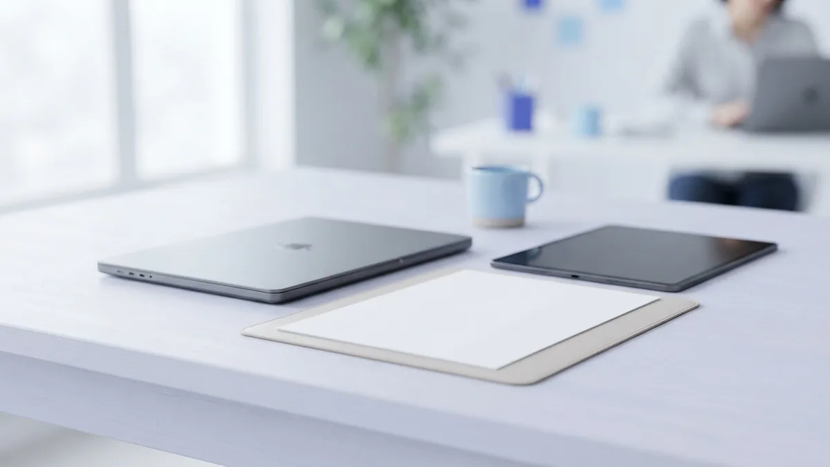 Laptop and tablet beside a blank document for online PDF hosting